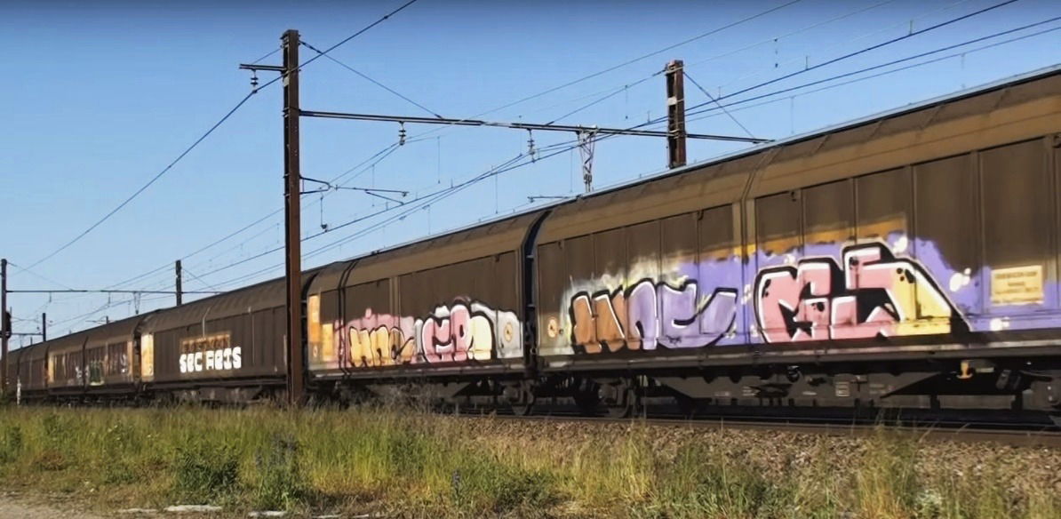 Graffiti Train in Francie - Photo by freightraffic - hnc, gs, transwagon (2015)